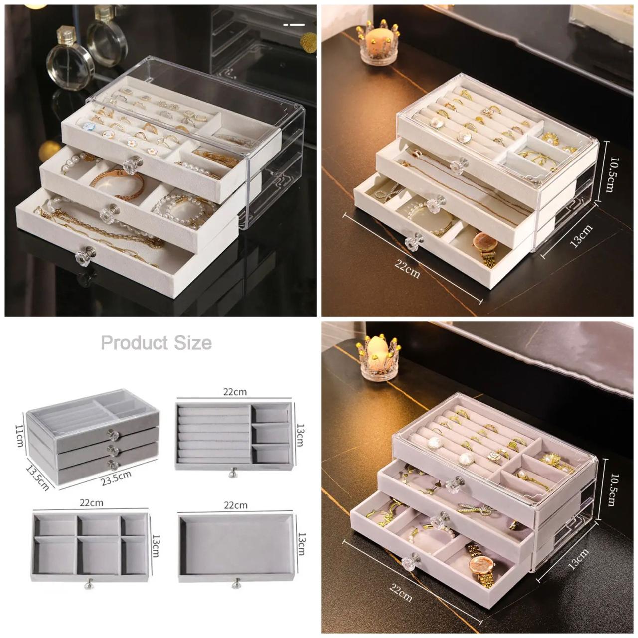 "Stylish clear acrylic organizer featuring three drawers, perfect for neatly storing jewelry and cosmetics."