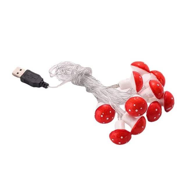 "Enchanting Mushroom String Lights featuring 10 LED lights per string, showcasing a warm and soft glow. Versatile design allows for battery and USB power options, perfect for indoor and outdoor decoration. Ideal for creating a magical ambiance at parties or cozy evenings."