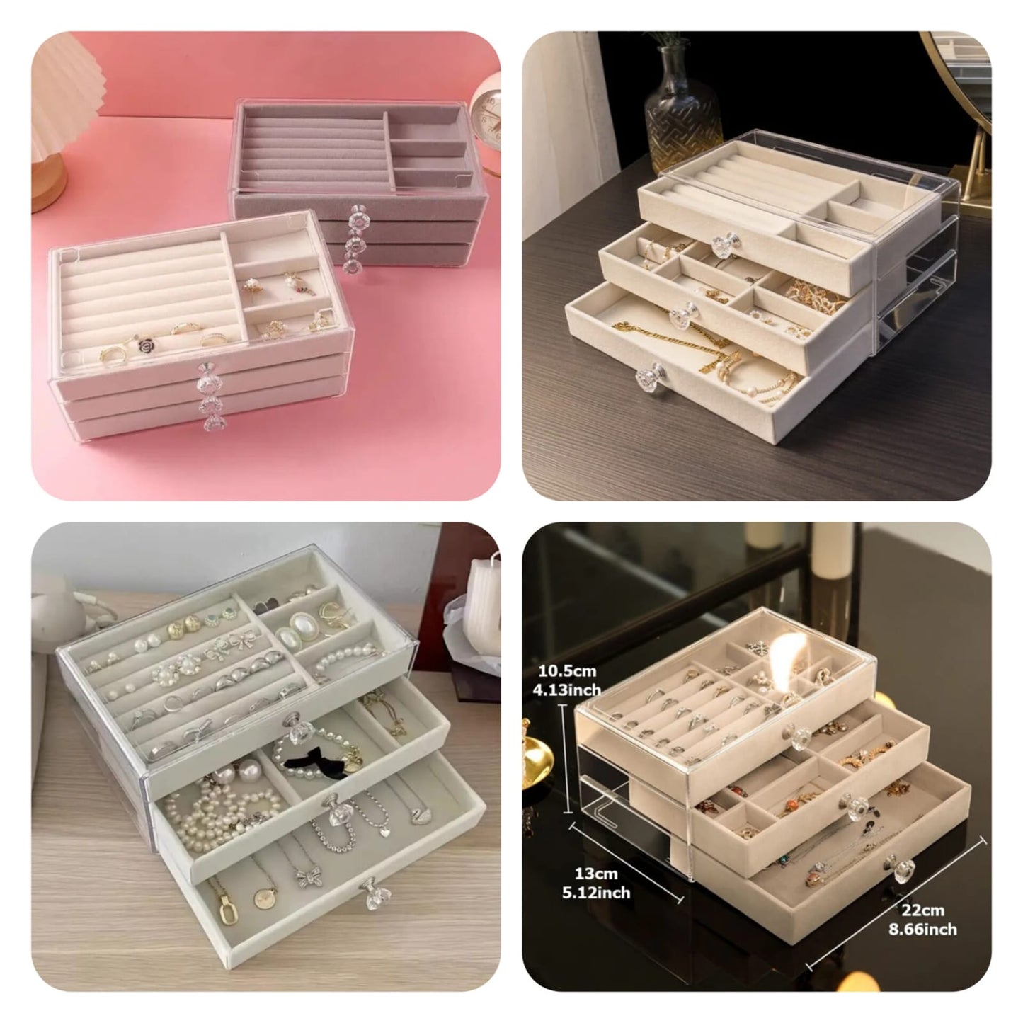 "Space-saving clear acrylic jewelry organizer with three drawers, combining functionality with a chic look."