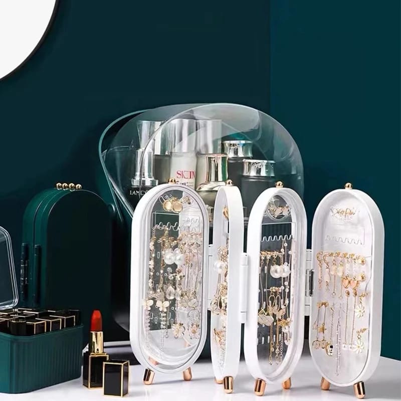 "Space-saving foldable jewelry organizer with six doors and 360 holes, ideal for efficient, portable storage of various jewelry items."