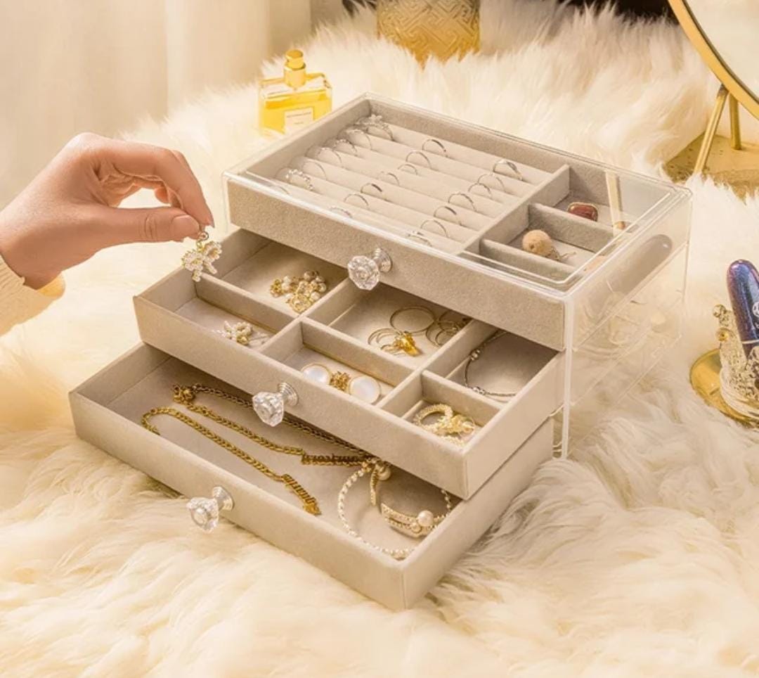 "3-drawer clear acrylic organizer designed for elegant and space-saving storage of jewelry and beauty products."