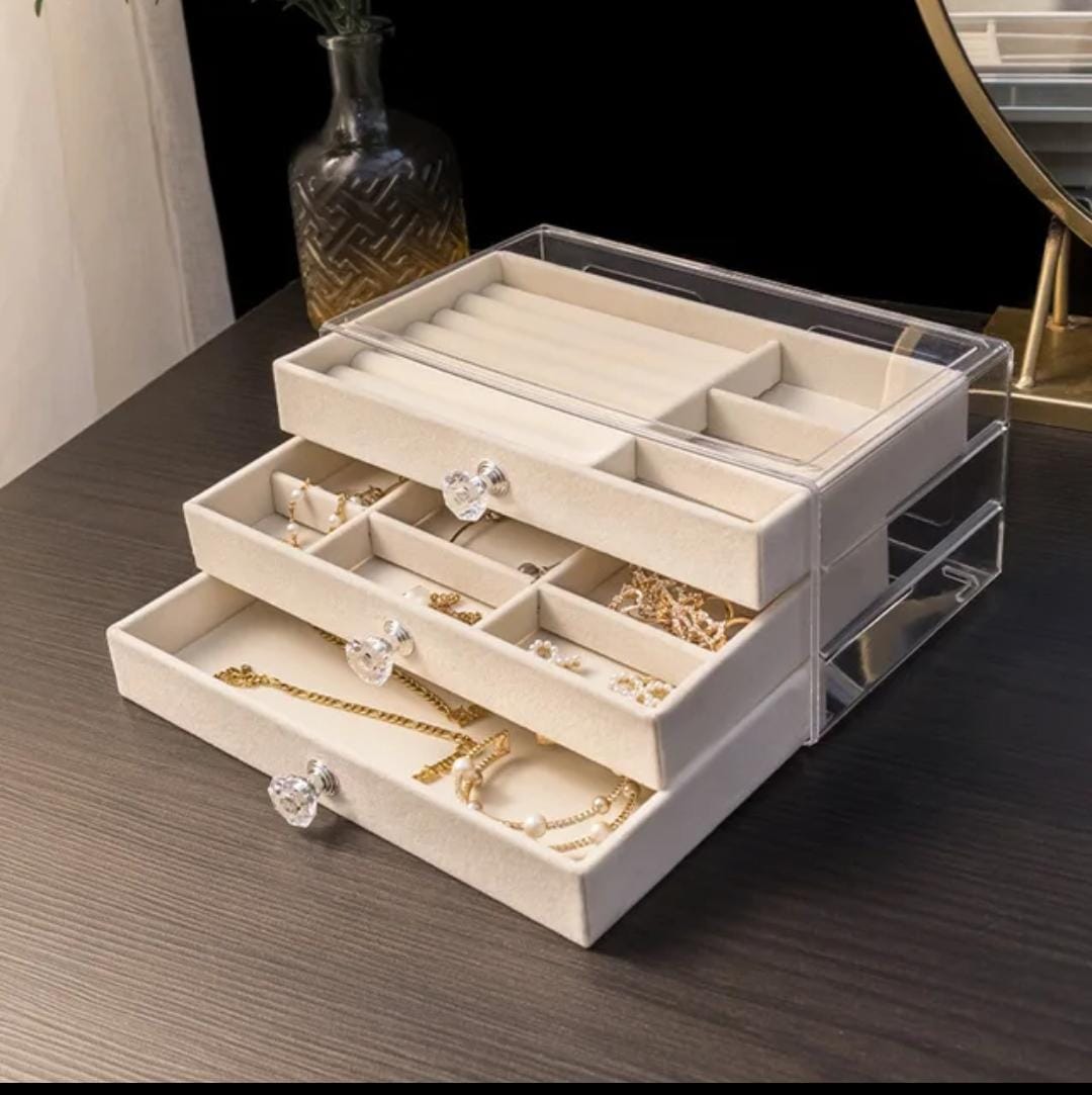 "Three-drawer clear acrylic organizer with a modern design, ideal for organizing jewelry and makeup accessories."