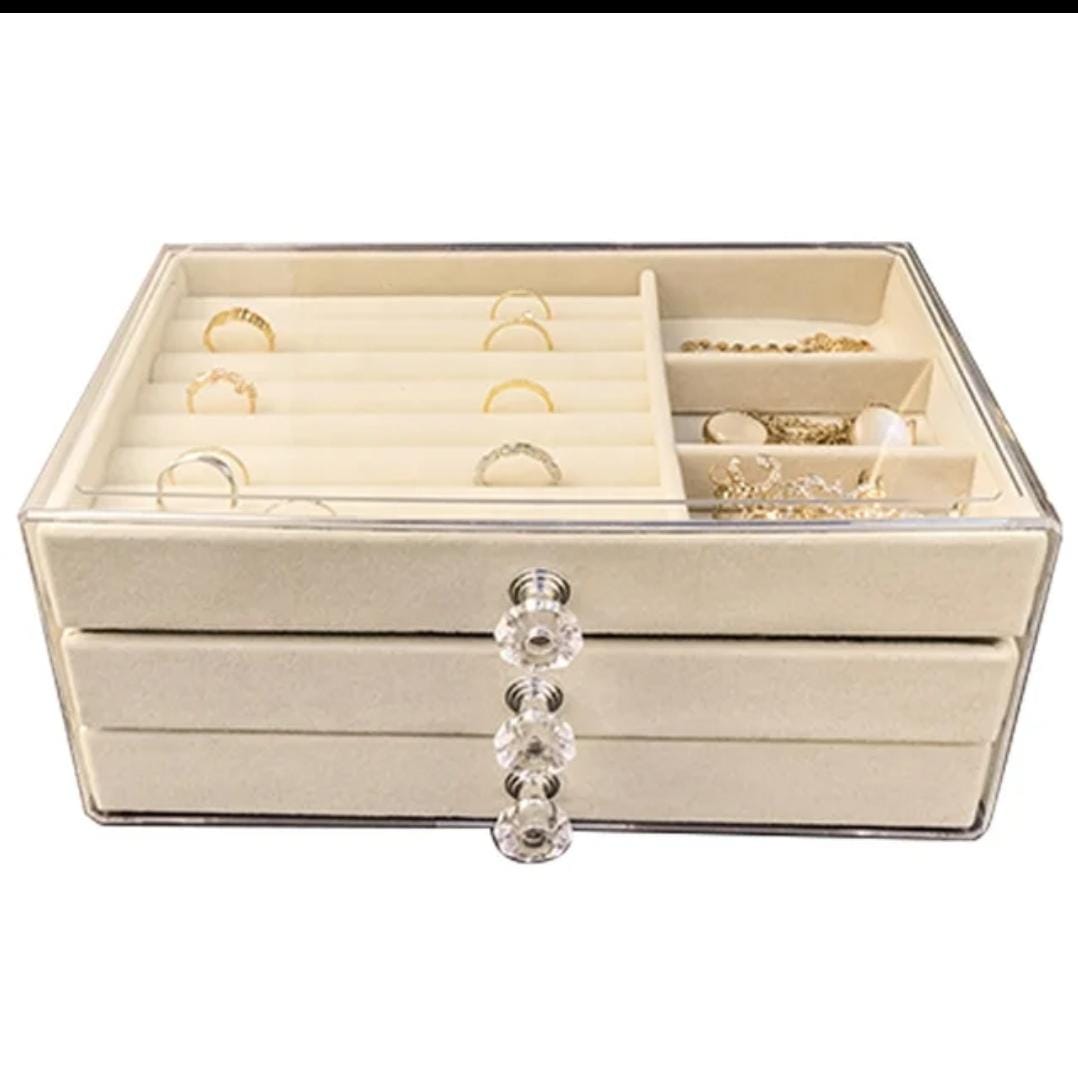 "Clear acrylic 3-drawer organizer, providing a sophisticated and efficient storage solution for both jewelry and cosmetics."