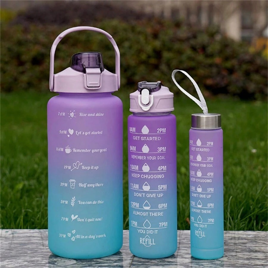 "A set of three BPA-free plastic water bottles, showcasing their durable and long-lasting construction."