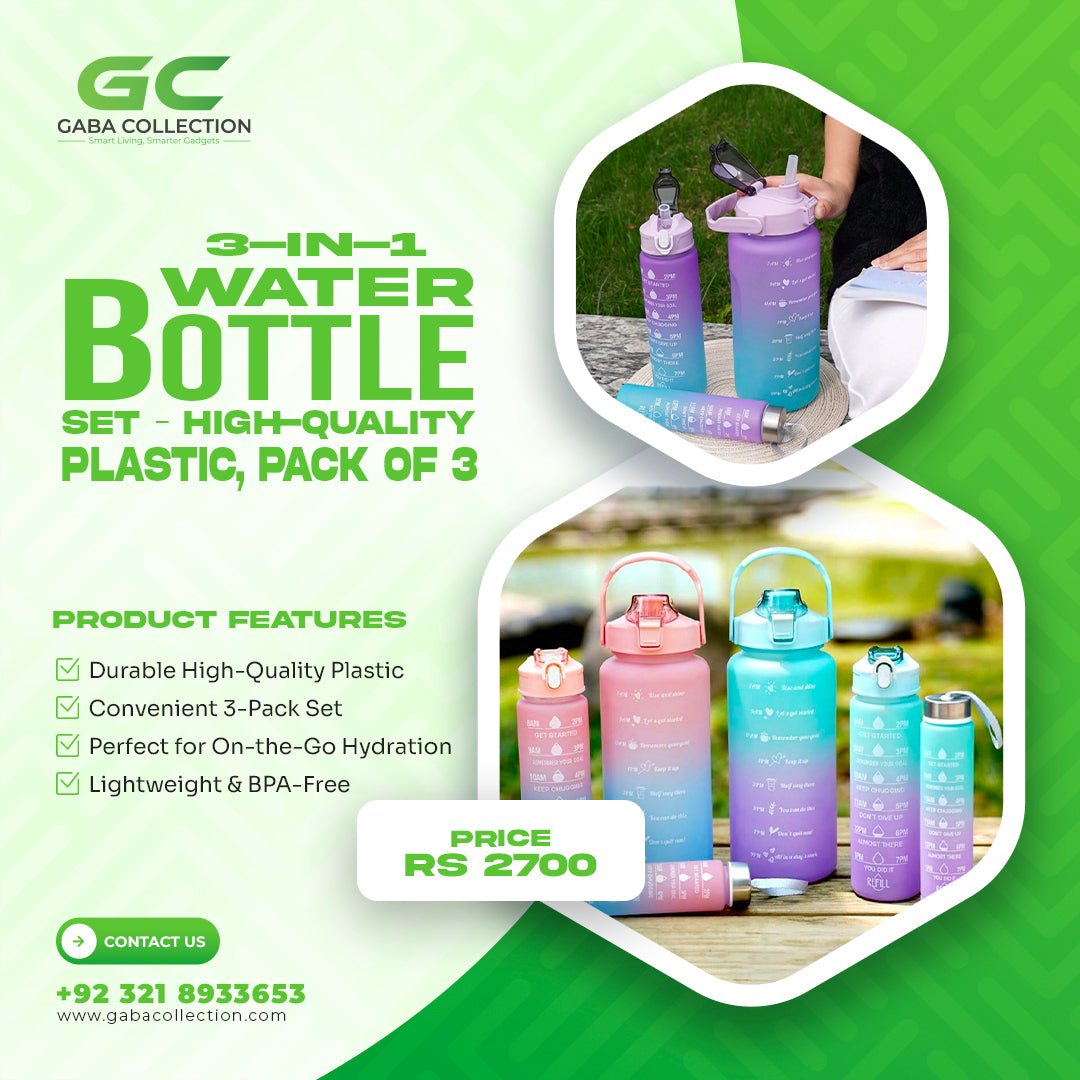 "Set of 3 durable BPA-free water bottles in vibrant colors, perfect for travel, workouts, and everyday hydration. Eco-friendly design ensures safety and convenience."