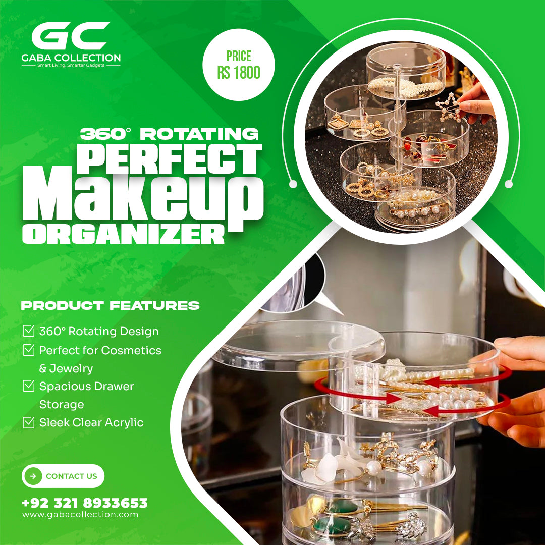 "360-degree rotating clear acrylic makeup organizer for cosmetics, featuring multiple compartments for easy access and stylish display in any bathroom or vanity."
