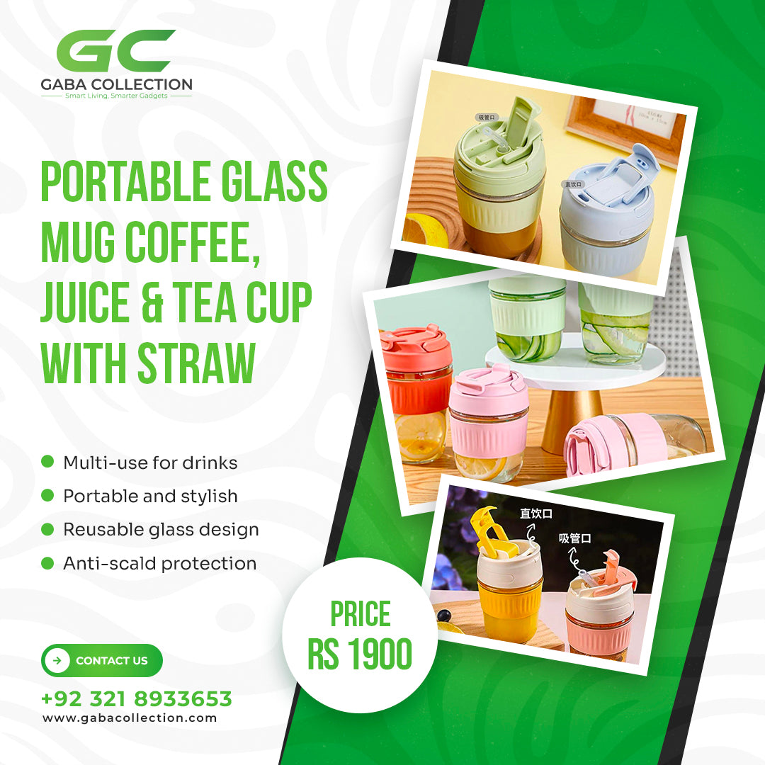 "Portable glass mug with built-in straw, perfect for sipping coffee, tea, and juice on-the-go."