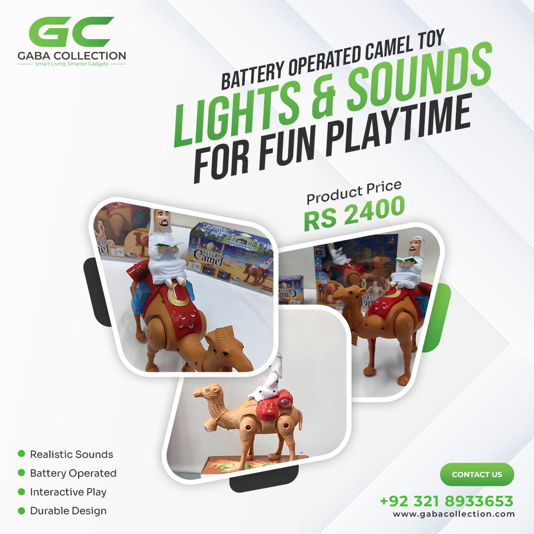 "Battery-operated camel toy with lights and sounds, featuring an interactive design for fun and educational playtime for kids."
