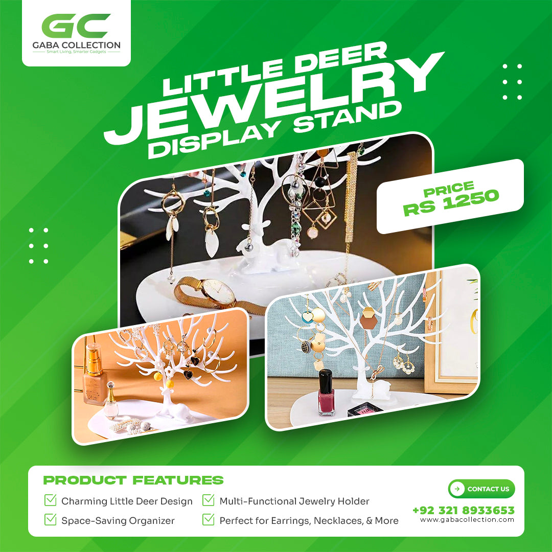 "Elegant Little Deer jewelry display stand designed as a tree organizer, perfect for necklaces, rings, and bracelets while saving space on your vanity."