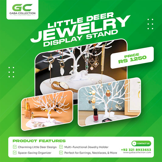 "Elegant Little Deer jewelry display stand designed as a tree organizer, perfect for necklaces, rings, and bracelets while saving space on your vanity."