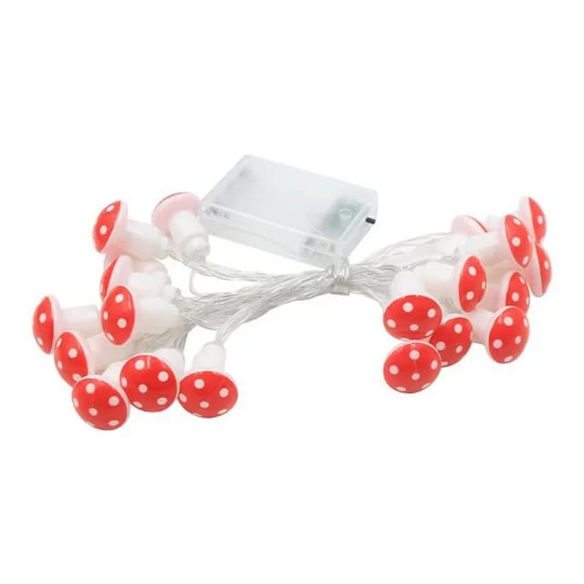 "Enchanting Mushroom String Lights featuring 10 LED lights per string, showcasing a warm and soft glow. Versatile design allows for battery and USB power options, perfect for indoor and outdoor decoration. Ideal for creating a magical ambiance at parties or cozy evenings."