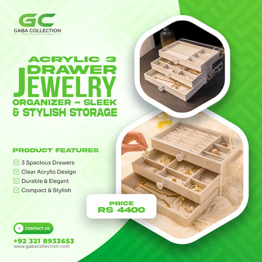 "Sleek clear acrylic 3-drawer jewelry organizer, perfect for storing accessories and cosmetics while saving space on your vanity or dresser."
