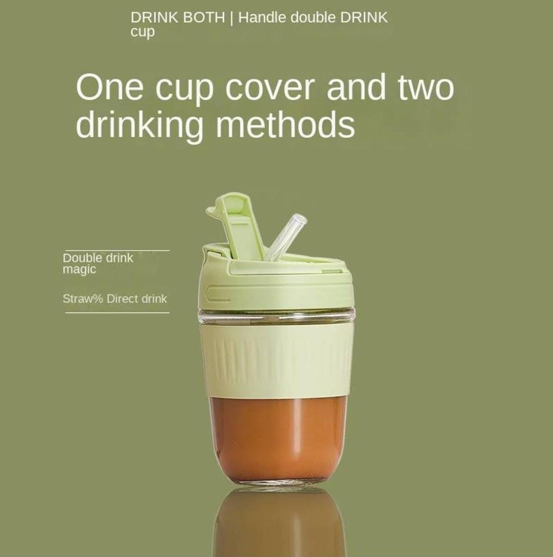 "Portable glass mug with built-in straw, perfect for sipping coffee, tea, and juice on-the-go."