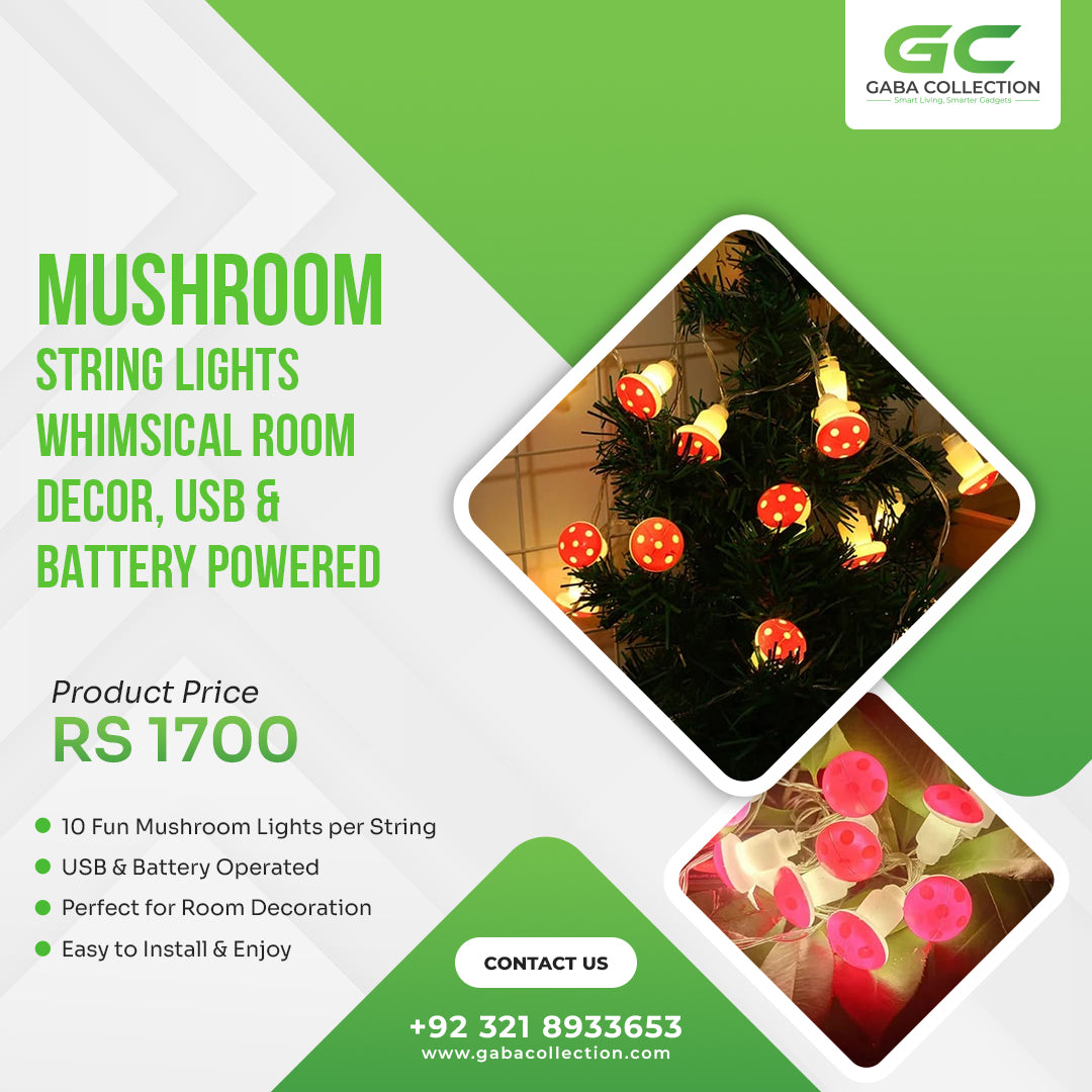 "Enchanting Mushroom String Lights featuring 10 LED lights per string, showcasing a warm and soft glow. Versatile design allows for battery and USB power options, perfect for indoor and outdoor decoration. Ideal for creating a magical ambiance at parties or cozy evenings."