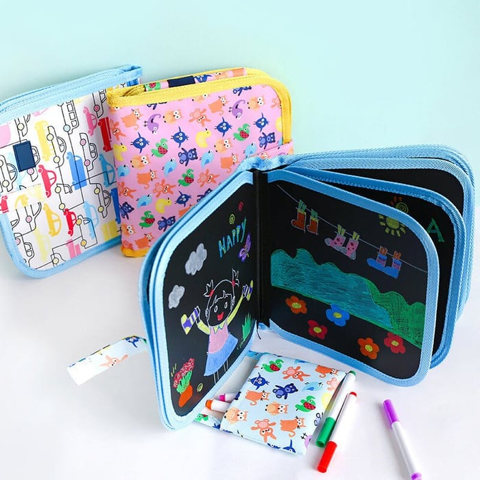 "Montessori-inspired erasable doodle book, offering a reusable and mess-free drawing experience for children."