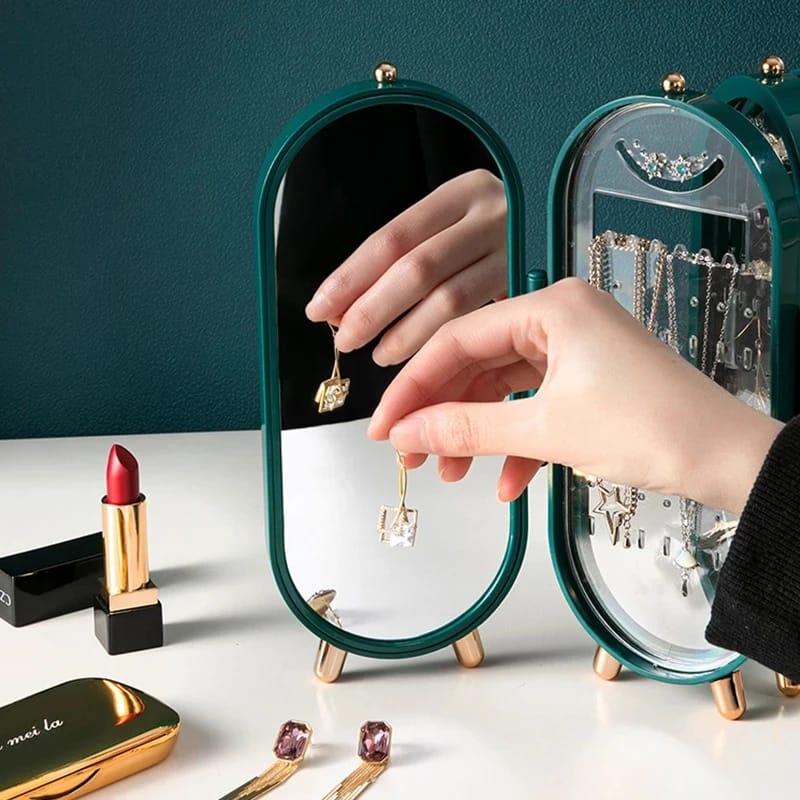 "Jewelry organizer with six foldable doors and 360 holes, offering a compact, portable solution for storing and organizing accessories."