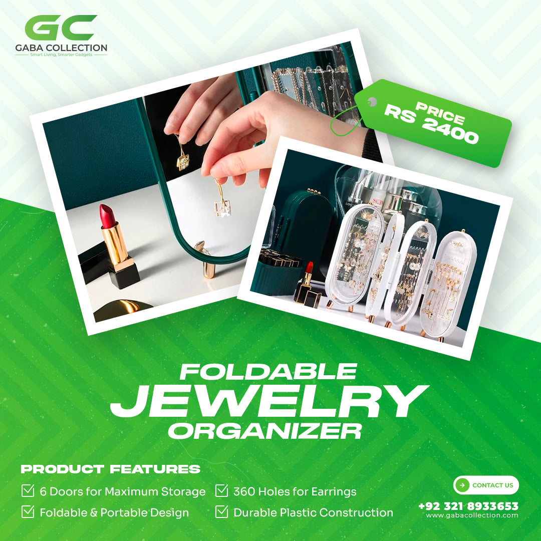 "Foldable 6-door jewelry organizer featuring 360 holes, designed for portable and space-saving storage of necklaces, earrings, and accessories."
