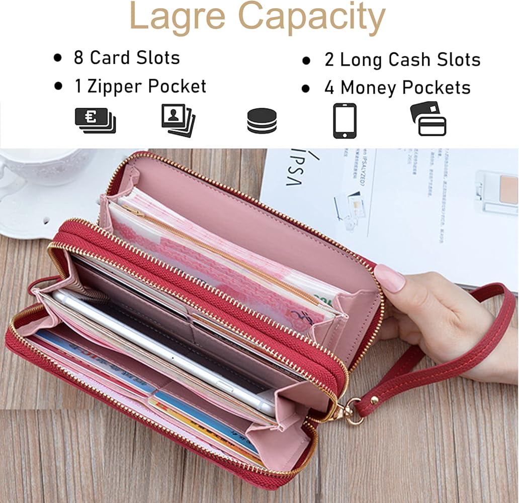 "Forever Young Women’s Long Clutch in Black, Red, Green, Pink, and Blue. The clutch features a sleek, stylish design with a spacious interior and a built-in cardholder, ideal for organizing essentials and adding elegance to any outfit."