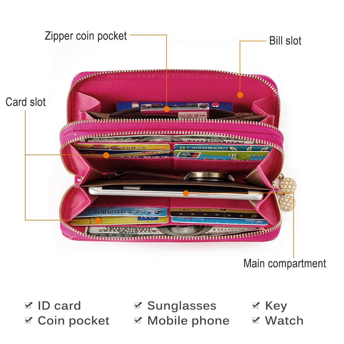 "Forever Young Women’s Long Clutch in Black, Red, Green, Pink, and Blue. The clutch features a sleek, stylish design with a spacious interior and a built-in cardholder, ideal for organizing essentials and adding elegance to any outfit."