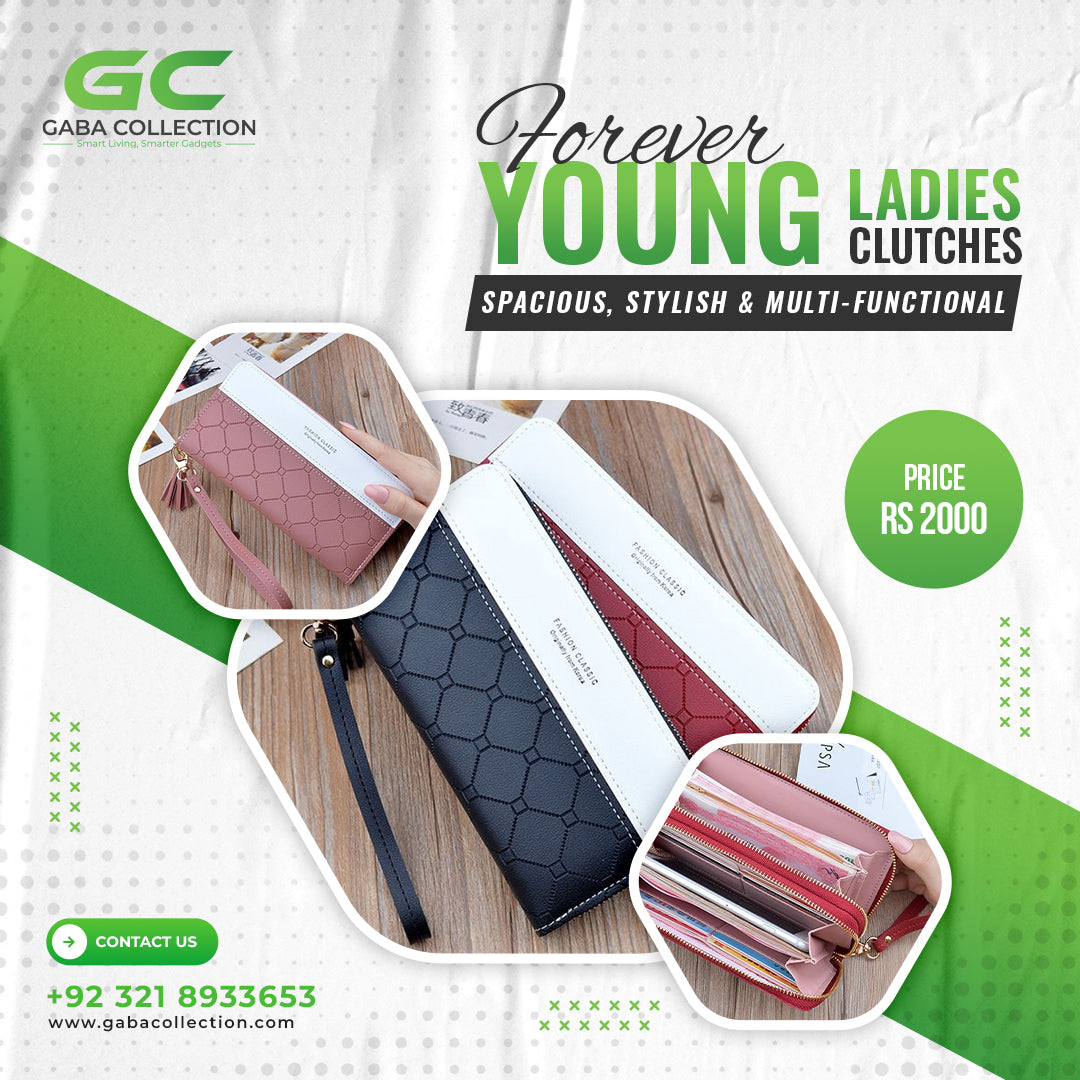 "Forever Young Women’s Long Clutch in Black, Red, Green, Pink, and Blue. The clutch features a sleek, stylish design with a spacious interior and a built-in cardholder, ideal for organizing essentials and adding elegance to any outfit."
