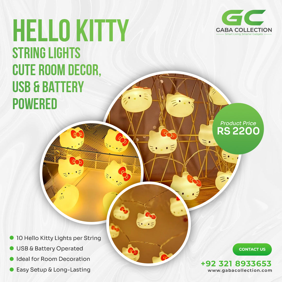 "Hello Kitty String Lights featuring 10 LED bulbs, USB & battery powered, ideal for room décor and parties. Cute and functional lighting for bedrooms and special events."