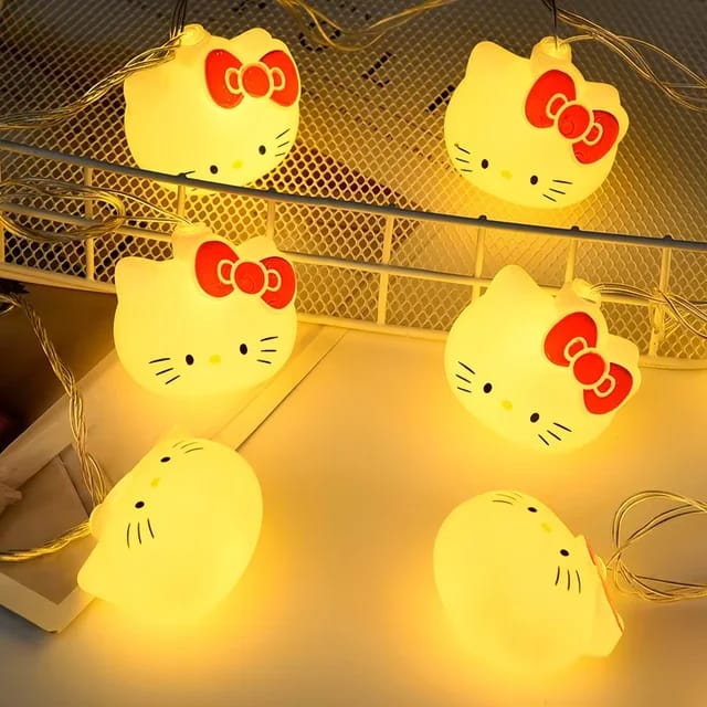 "Hello Kitty String Lights featuring 10 LED bulbs, USB & battery powered, ideal for room décor and parties. Cute and functional lighting for bedrooms and special events."