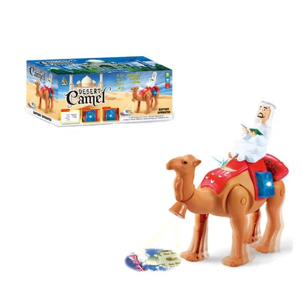 "Battery-operated camel toy with lights and sounds, featuring an interactive design for fun and educational playtime for kids."