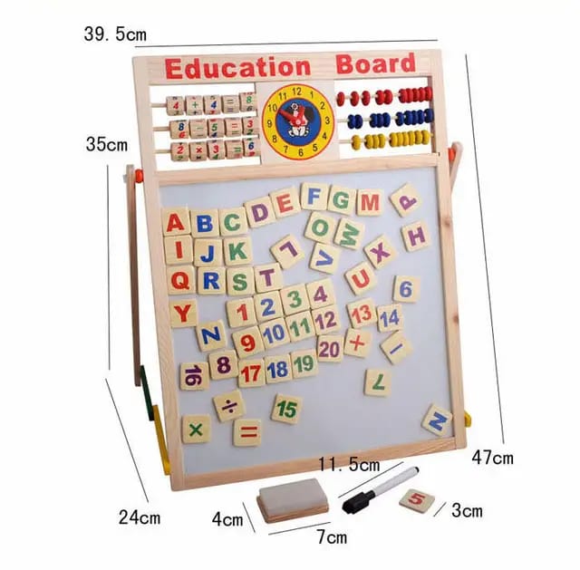 "Kids' magnetic wooden writing board featuring a versatile design for learning and creative play, with educational tools to support skill development and fun activities."