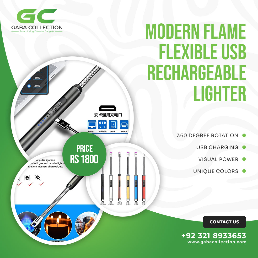 "Modern Flame USB rechargeable lighter with a sleek, eco-friendly design, windproof feature, and flexible functionality."