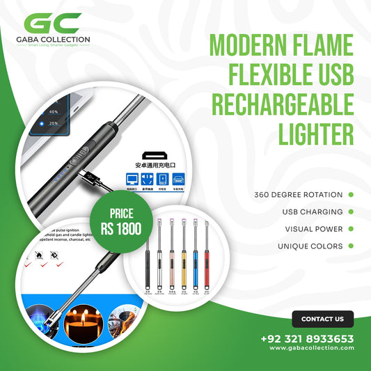 "Modern Flame USB rechargeable lighter with a sleek, eco-friendly design, windproof feature, and flexible functionality."