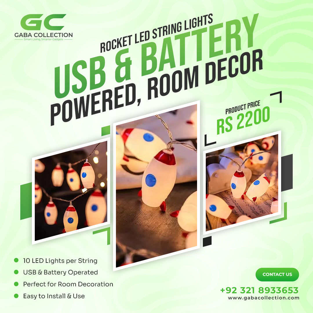"LED Rocket String Lights featuring 10 rocket-shaped LED lights, USB & battery operated, perfect for room décor, parties, and children's rooms. Creative and fun lighting for any space."