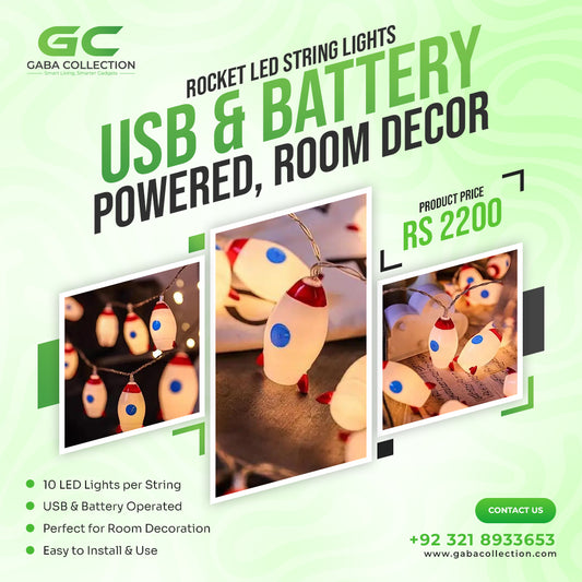 "LED Rocket String Lights featuring 10 rocket-shaped LED lights, USB & battery operated, perfect for room décor, parties, and children's rooms. Creative and fun lighting for any space."