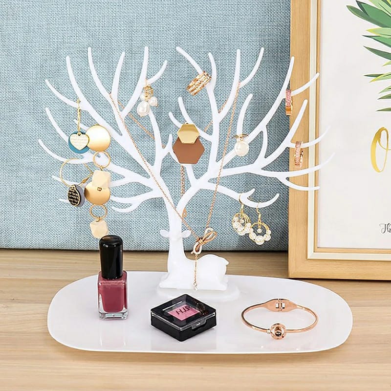 "Elegant Little Deer jewelry display stand designed like a tree, ideal for organizing necklaces, rings, and bracelets. Features a stylish and space-saving design."