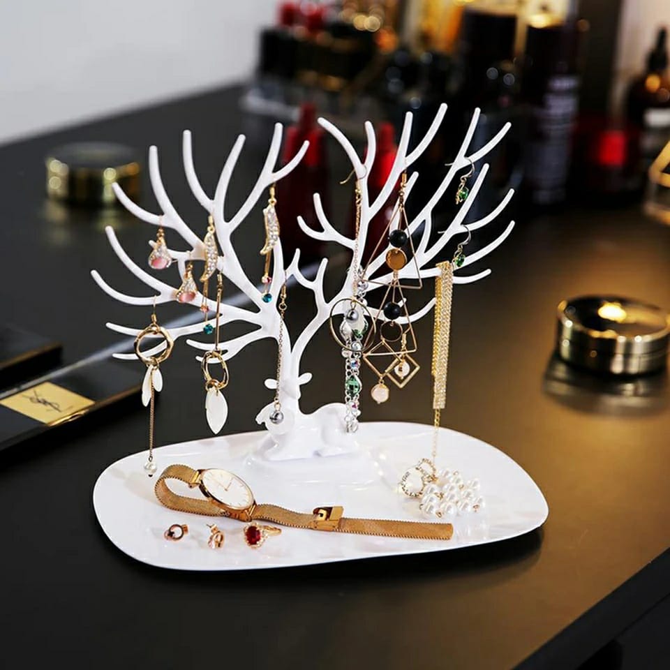 "Elegant Little Deer jewelry display stand designed like a tree, ideal for organizing necklaces, rings, and bracelets. Features a stylish and space-saving design."