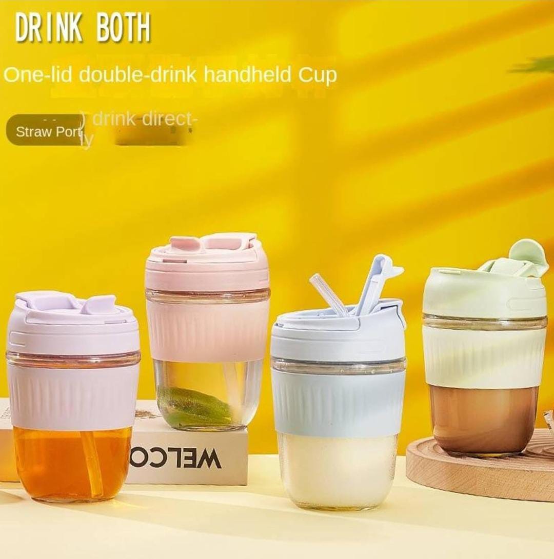 "Portable glass mug with built-in straw, perfect for sipping coffee, tea, and juice on-the-go."