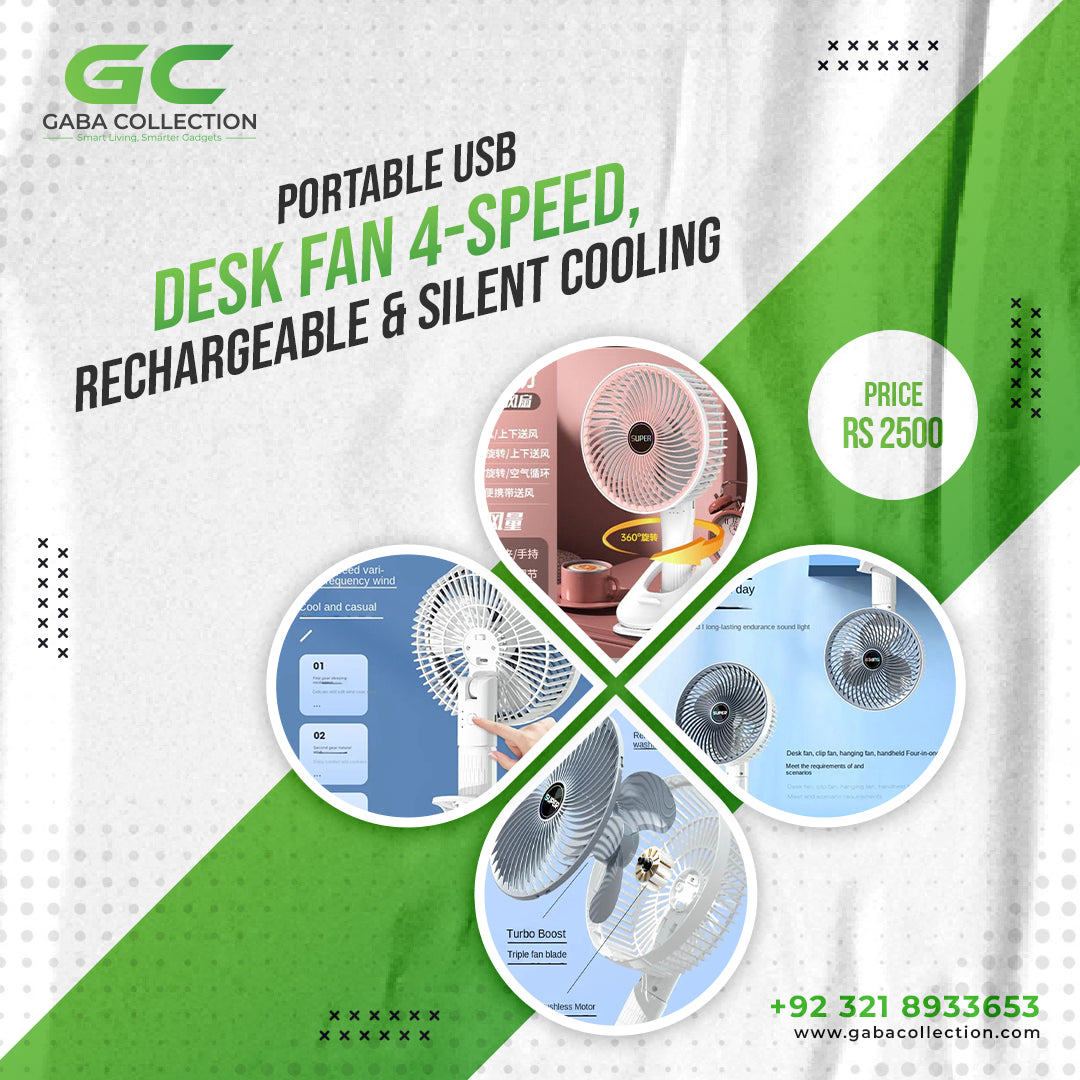 "Portable USB desk fan with 4-speed settings, silent operation, rechargeable battery, and foldable design for home or outdoor use."