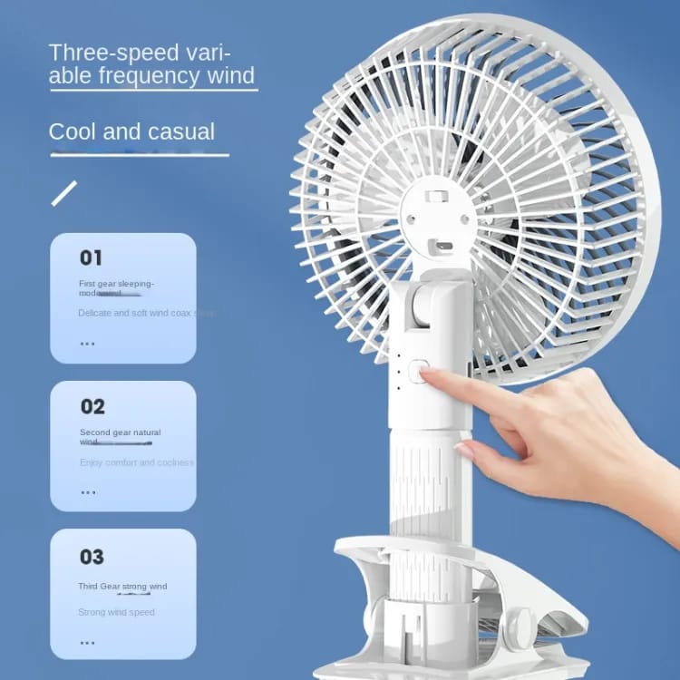 "Portable USB desk fan with 4-speed settings, silent operation, rechargeable battery, and foldable design for home or outdoor use."