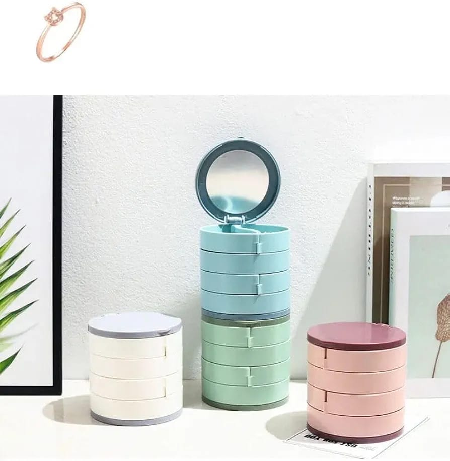 "Rotating Jewelry Organizer Box with Vanity Mirror – Multi-Layer Storage for Rings, Necklaces, and Earrings | Compact and Space-Saving Design for Home or Travel | Stylish Jewelry Box with Built-In Mirror for Easy Organization"