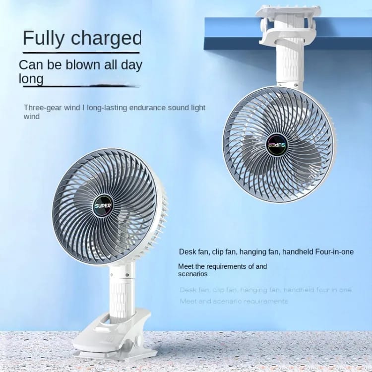"Portable USB desk fan with 4-speed settings, silent operation, rechargeable battery, and foldable design for home or outdoor use."