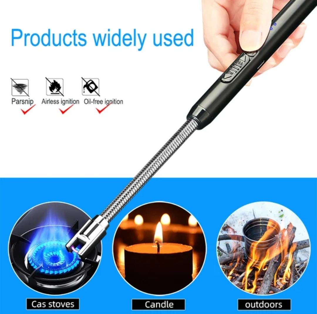 "Modern Flame USB rechargeable lighter with a sleek, eco-friendly design, windproof feature, and flexible functionality."