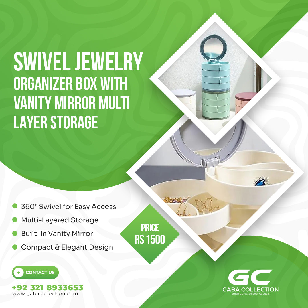 "Swivel Jewelry Organizer Box with Vanity Mirror – Multi-Layer Storage for Rings, Earrings, Necklaces, and Accessories | Stylish and Space-Saving Jewelry Storage Solution | Durable, Rotating Design with Built-In Mirror for Easy Access and Organization | Ideal for Home or Travel Use"