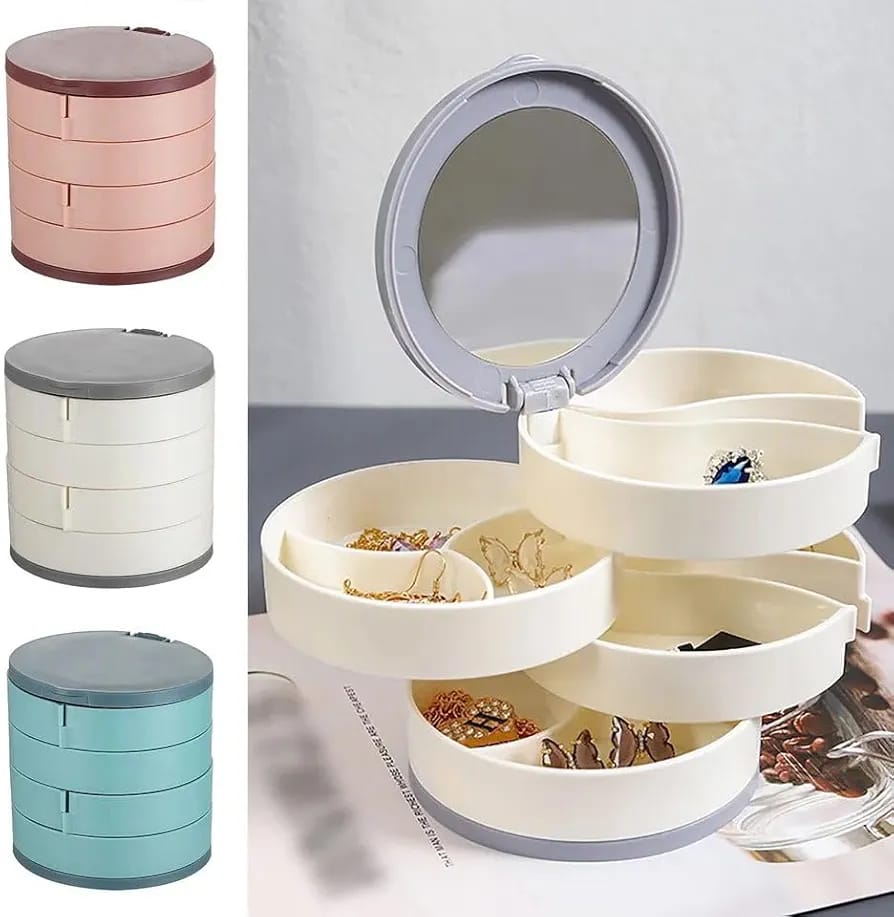 "Swivel Vanity Jewelry Organizer Box – Multi-Layer Storage for Accessories | Stylish and Durable Design with Rotating Compartments and Built-In Mirror | Ideal for Jewelry Storage and Display in a Compact, Space-Saving Form"