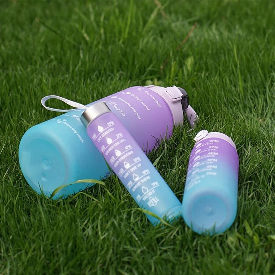 "Three BPA-free plastic water bottles with a tough design, bundled together in a 3-in-1 set."
