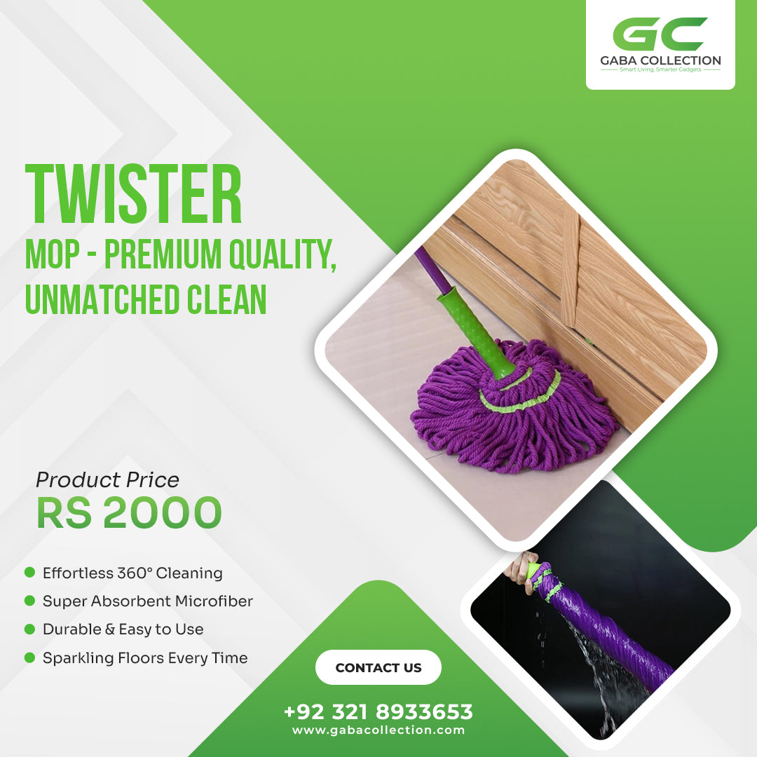 "Twister Spin Mop – Superior Cleaning Power & Durability, Featuring an Easy-to-Use Spin Mechanism, Durable Mop Head, and 360° Swivel for Effortless Cleaning. Ideal for Floors of All Types, Including Hardwood, Tile, and Laminate. Comes with a Sturdy Bucket and Handle for Maximum Convenience. Perfect for Home and Commercial Use."
