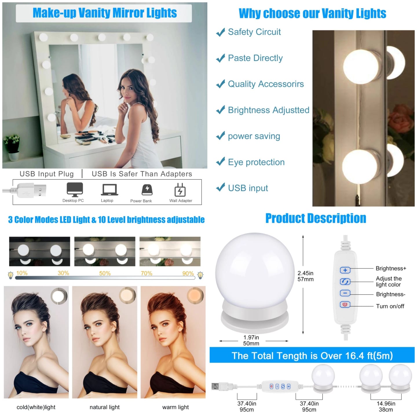 "Vanity Mirror LED Lights – 10-Pack of Bright Bulbs with 3 Modes for Customized Lighting | Essential for Makeup Application and Beauty Routines"