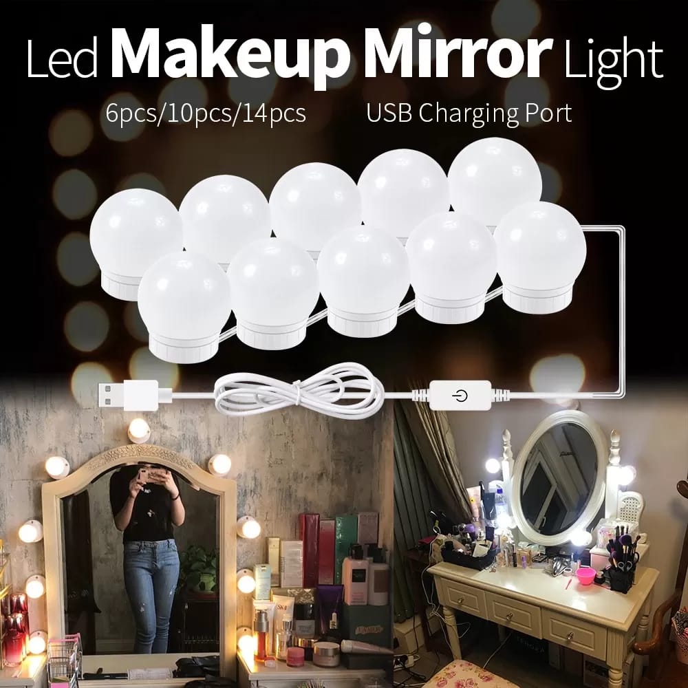 "Vanity Mirror Lights – Pack of 10 LED Bulbs with 3 Lighting Modes for Professional Makeup | Bright and Adjustable Lighting for Flawless Beauty Application | Ideal for Makeup Artists and Home Use | Easy Installation with Strong Adhesive for Vanity Mirrors and Dressing Tables"