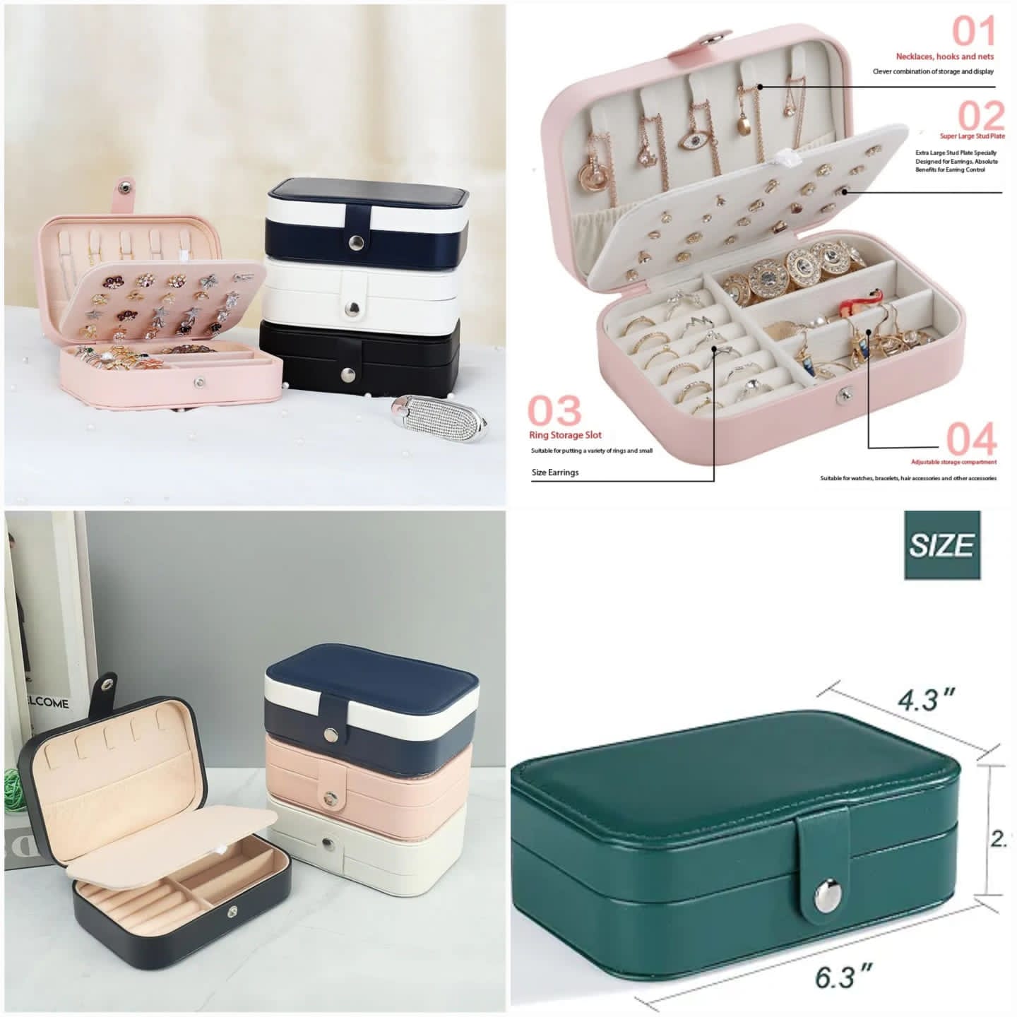 "Velvet jewelry box with multiple compartments for rings, earrings, and necklaces. Features a portable, elegant design ideal for travel and organized storage."